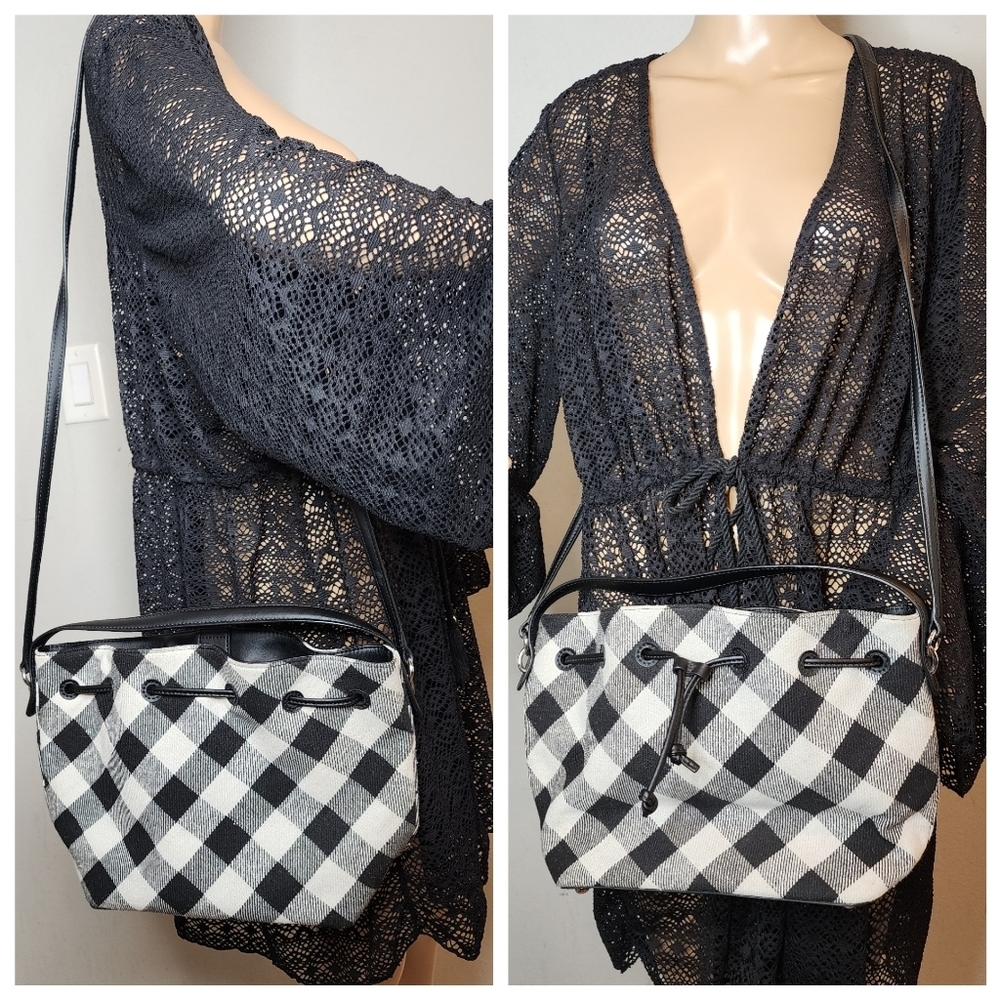 Talbots Crossbody Bucket bag leather wool-blend black white checkered‎